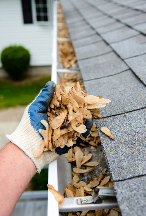 on house roof removing debris in gutter with gutter cleaning service